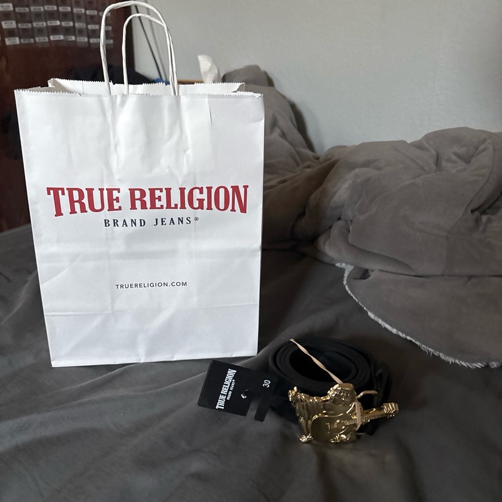 True Religion Black Leather Belt with Gold Buckle
